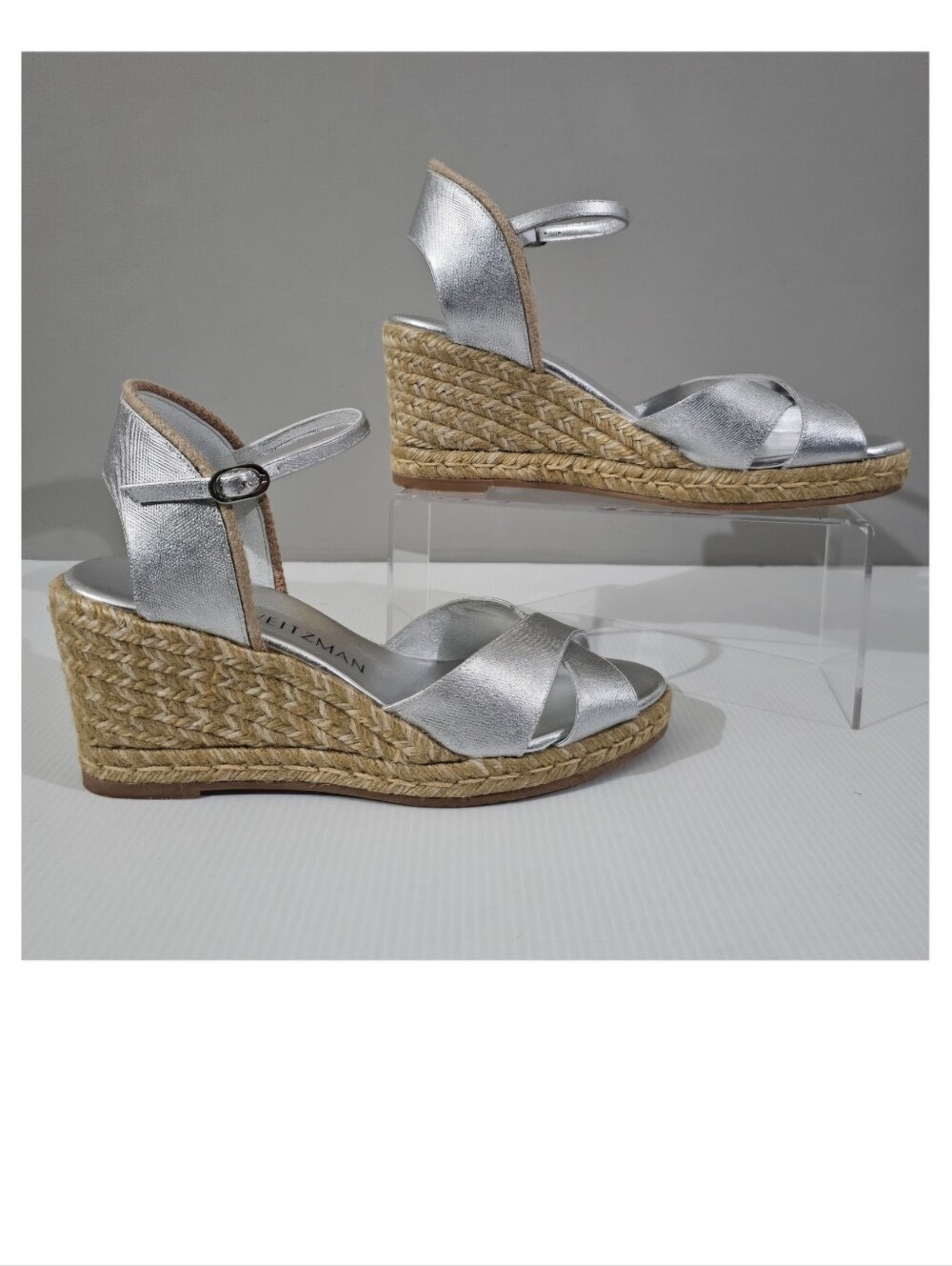 Stuart Weitzman Mirela II Espadrille Wedge Sandal Metallic Silver Womens 9 - Picture 3 of 13